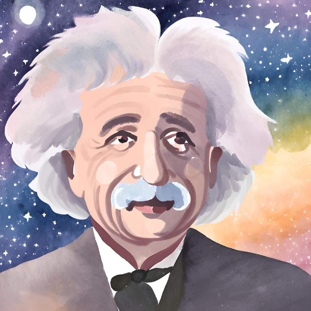 Watercolour portrait of Einstein and the Universe.